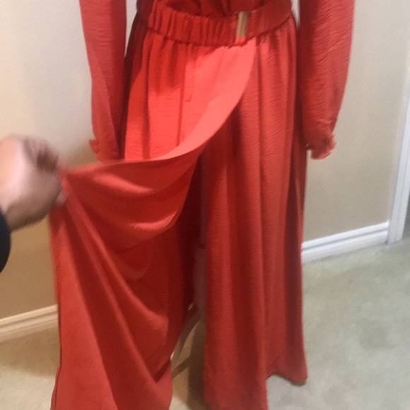 Orange Long Ruffled Sleeve Faux Wrap Belted Waist Maxi Dress-Size M - Picture 7 of 14